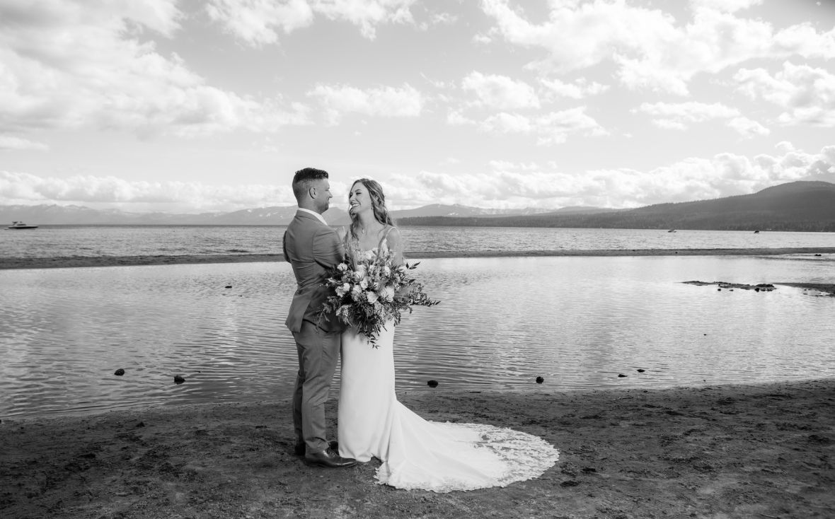 North Lake Tahoe Wedding Photos on the Lake in Black and White Showing How to Get Good Wedding Photos and Wedding Photography Tips for Couples