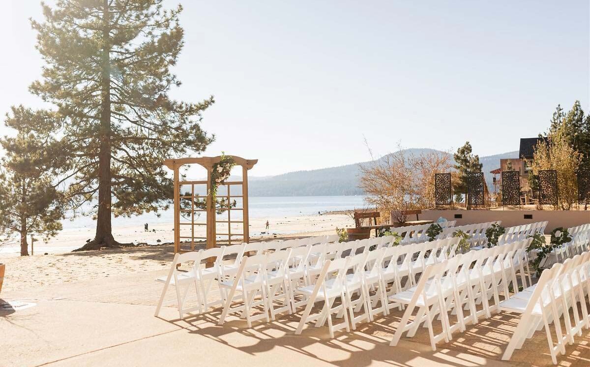 wedding setup in front of lake tahoe