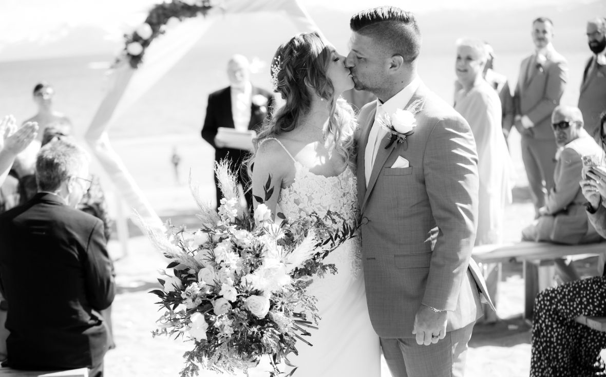 North Lake Tahoe Wedding Photos on the Lake in Black and White Showing How to Get Good Wedding Photos and Wedding Photography Tips for Couples