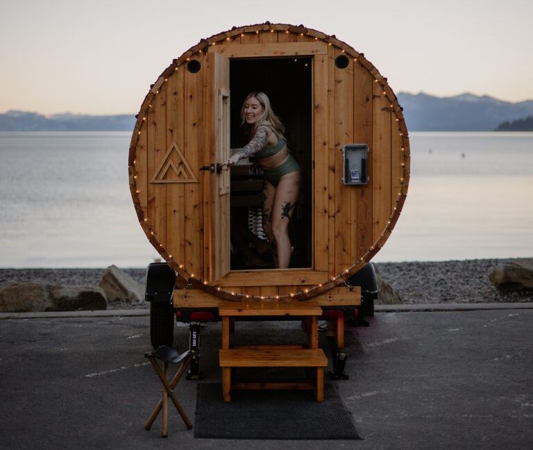 Portable sauna from Lost Sauna Company with lake tahoe in background